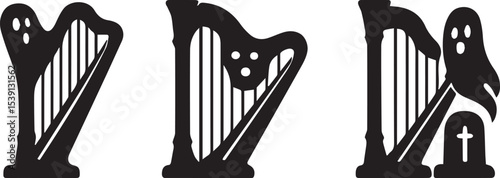 Haunted Harp Vector Illustration | Ghostly Music, Cursed Instrument Silhouette