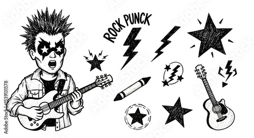 Rock and Roll Punk Kid with Guitar and Music Elements Illustration