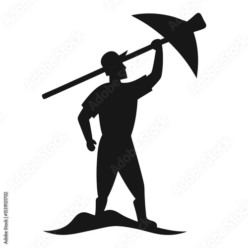 Farmer Lifting Hoe Over Shoulder With Flag
