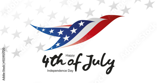 4th of July USA Independence Day greeting card. Handwritten USA color shaped abstract bird eagle symbol black typography calligraphy lettering with stars on white background