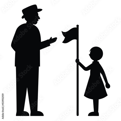 Grandfather Telling Story Beside Flag