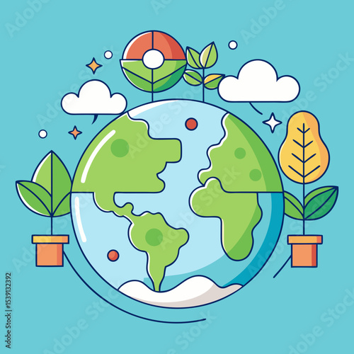 Stylized Earth Globe with Potted Plants and Environmental Elements Illustration