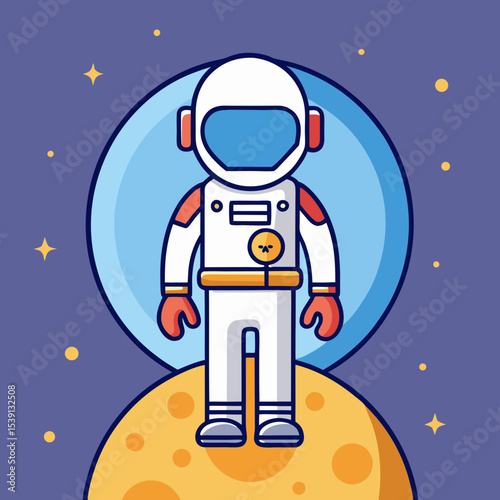 Cartoon astronaut standing on moon in space with stars and planet background