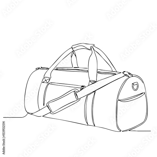 Stylized vector drawing of a travel duffel bag with shoulder strap in clean black outline