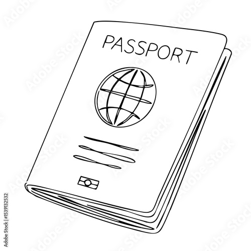 Black outline vector of a passport with globe emblem, isolated travel document icon