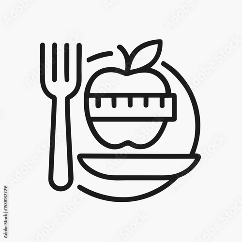 Fork and apple on plate with measuring tape symbolizing diet  