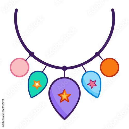 Colorful Necklace with Star Shaped Pendants, Beads, and a White Background