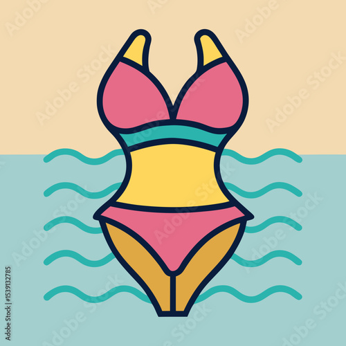 Illustration of a summer bikini swimsuit in the ocean with sandy beach
