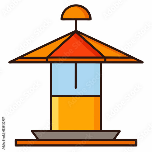 Stylized bird feeder illustration featuring a pagoda style roof and orange colors
