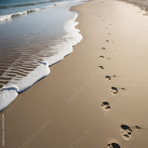 Footprints in soft sand on a beach, disappearing into the waves , summer, day