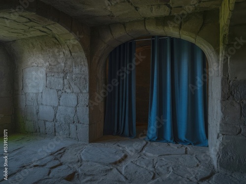 Mysterious, Stone-walled Room with Deep Teal Curtains
