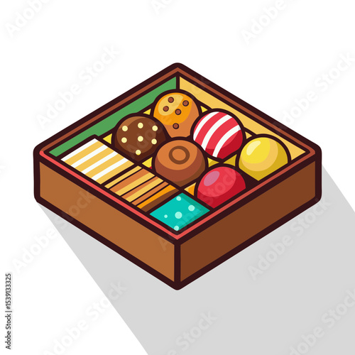 Stylized illustration of a box of assorted chocolates and sweets with long shadow