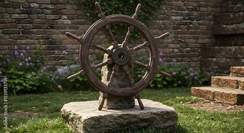 A salvaged ship wheel as garden art on stone pedestal photo