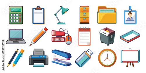 Collection of colorful flat icons representing office supplies and equipment