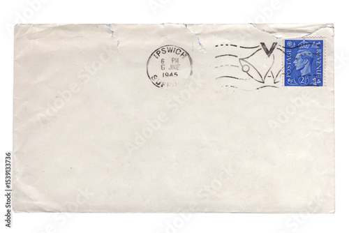 Vintage World War Two envelope with a George VI Great Britain postage stamp and victory postmark, png file cut out and isolated on a transparent background, stock photo image