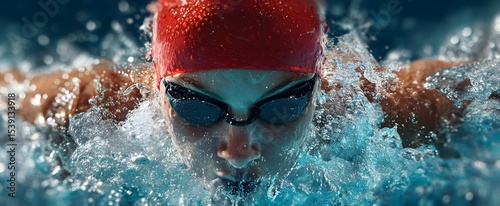 Professional female swimmer executing powerful stroke with water splashes in competitive pool
Close-up of a female swimmer in a freestyle swimming position, wearing a red cap and black goggles