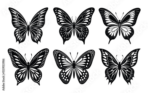 Insect butterfly black silhouette set vector.