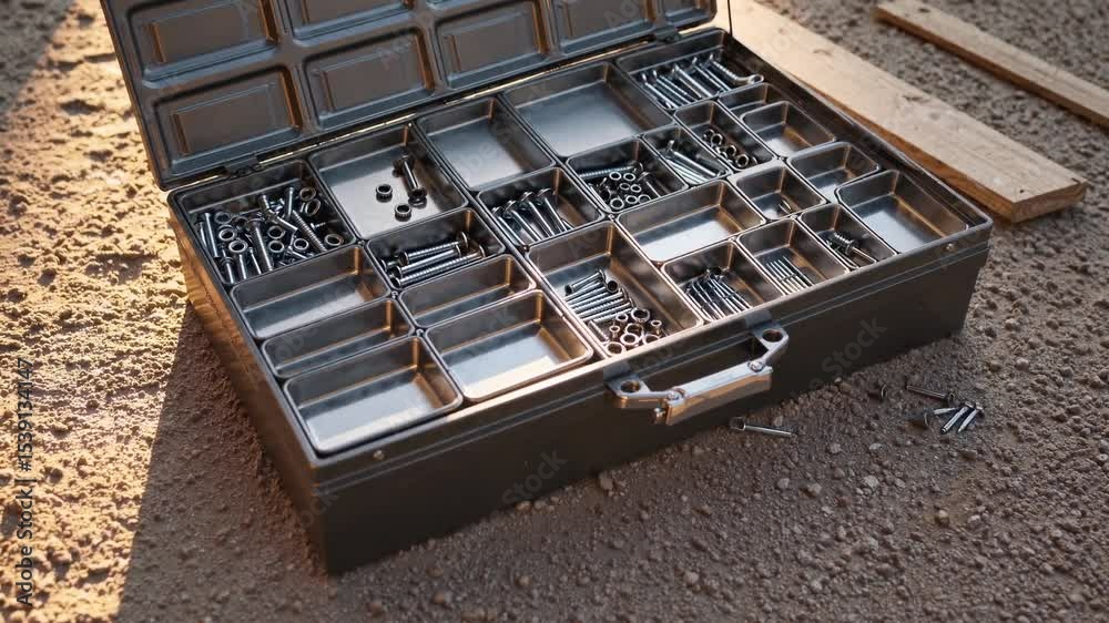 Metal toolbox filled with various hardware parts on a construction site in the afternoon sun Metal toolbox filled with various hardware parts on a construction site in the afternoon sun