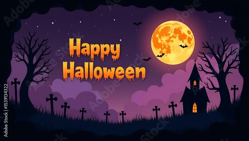 Spooky Halloween Night Scene with Graveyard and Church
