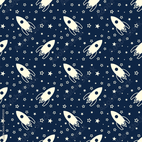 Small white spaceships and stars isolated on dark blue background. Cute monochrome seamless pattern. Vector simple flat graphic illustration. Texture.