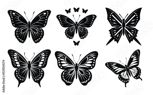 Insect butterfly black silhouette set vector.