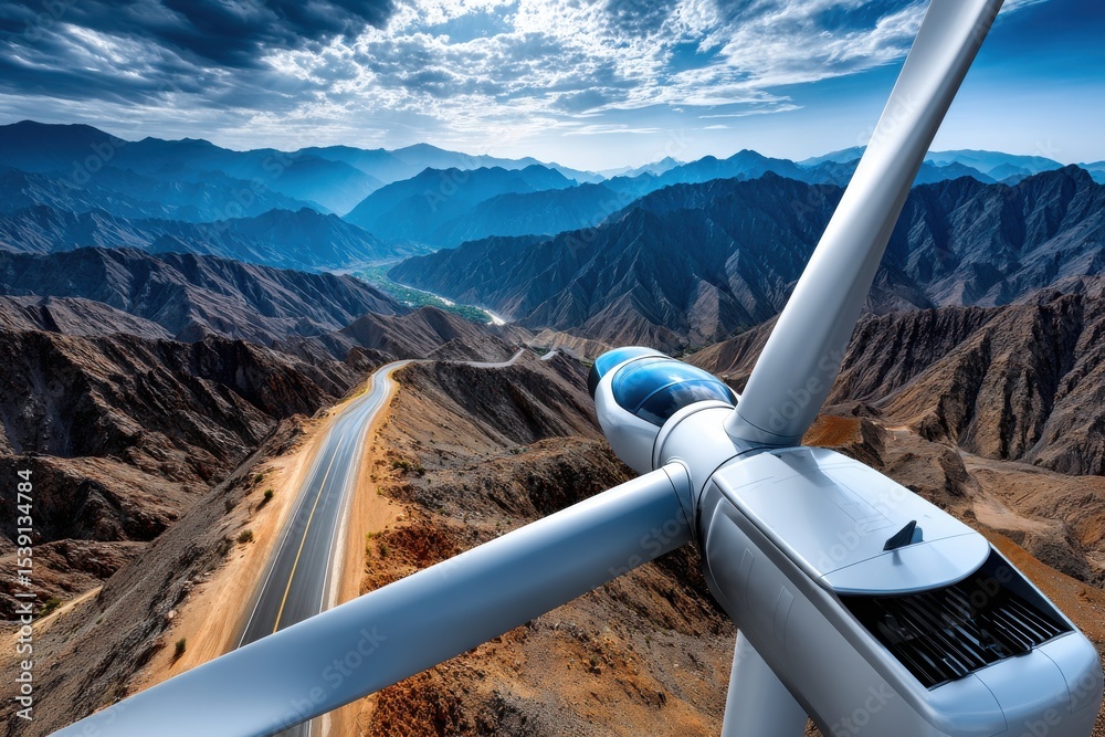 Fototapeta premium Wind turbine stands tall against majestic mountain backdrop showcasing nature's power and sustainable energy amidst a bright sky