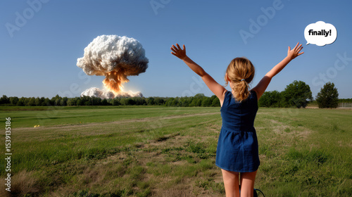 Small girl is welcoming nuclear explosion, meme style