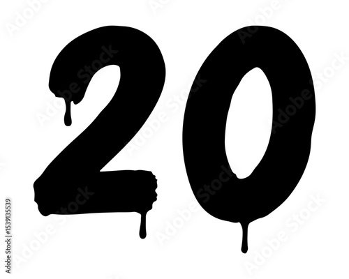 Hand-drawn black number 20 with dripping ink effect. Bold stylized numeric characters for design and print. Vector illustration