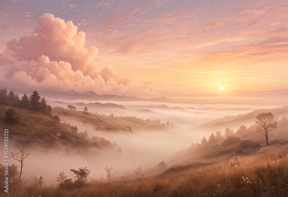 Fototapeta premium Misty Landscape at Sunrise