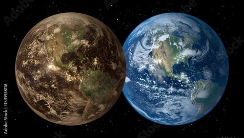 Side by side view of earth showing global warming and sustainable environmental impact