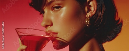 Stylish young woman sipping a martini against a bold pink background