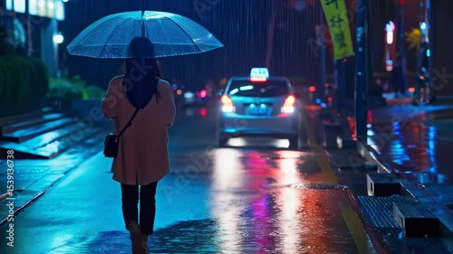 Young woman with an umbrella walking in the rain at night under neon city lights, inspired by Tokyo streets.  
