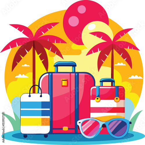 Summer Beach Vacation with Luggage Illustration