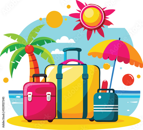 Summer Beach Vacation with Luggage Illustration