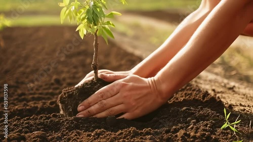 Hands planting a small seedling into soil and gently pressing the earth around it.  
