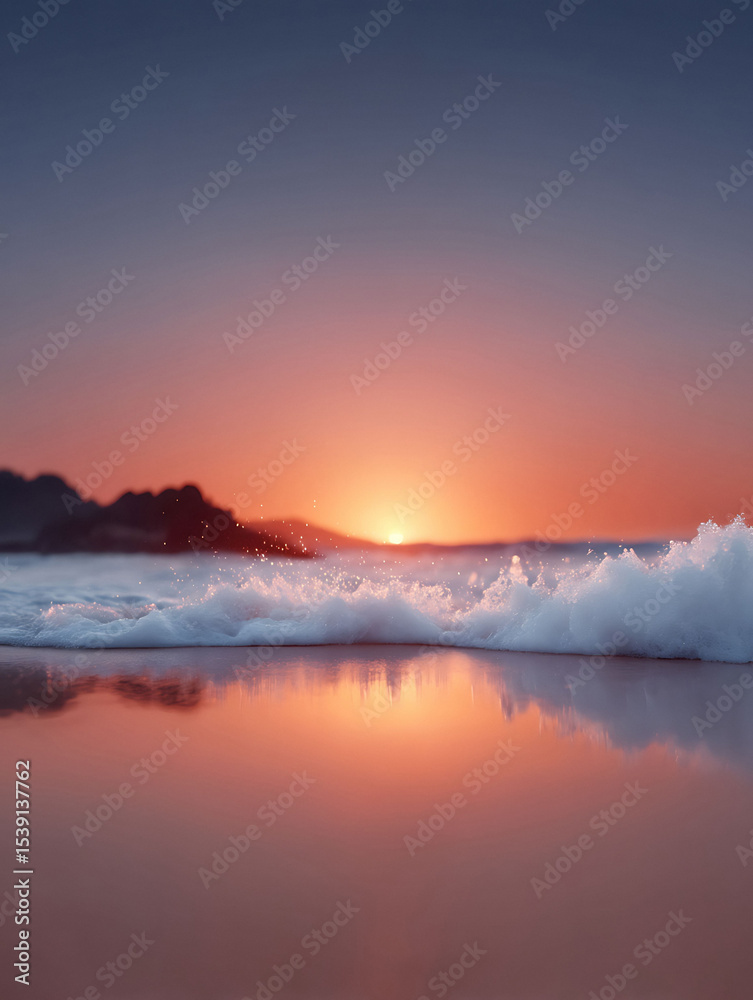 Obraz premium Serene ocean sunset with gentle waves reflecting on the wet sand. A peaceful, calming scene conveying tranquility, ideal for travel, nature, or relaxation themes.