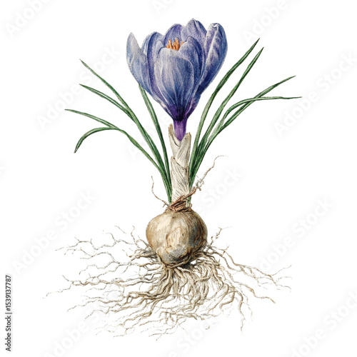 Antique illustration of a crocus bulb sprouting with roots visible, scientific style, isolated on transparent background 