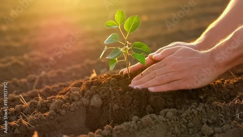 Hands planting a small seedling into soil and gently pressing the earth around it.  
