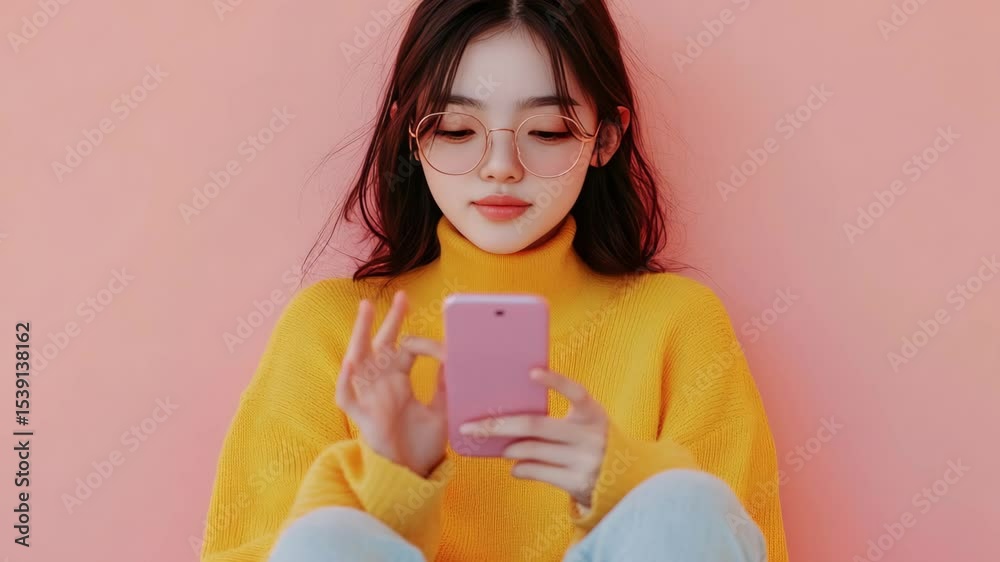 A woman in a yellow sweater is looking at her phone. She is wearing glasses and has long hair A woman in a yellow sweater is looking at her phone. She is wearing glasses and has long hair