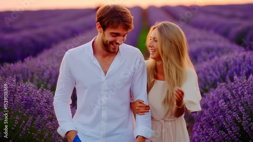 Happy smiling young couple walking through a blooming lavender field.  
