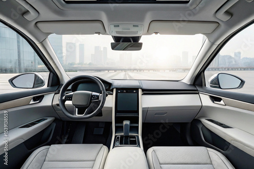 Modern Luxury Car Interior with City Skyline View from Driver's Seat