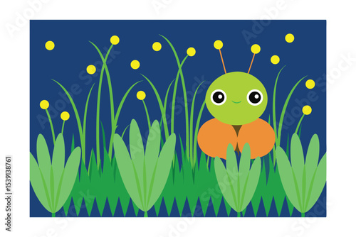  flat color grass with cartoon fireflies and night