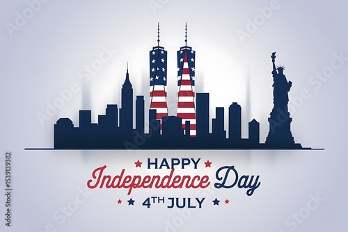 New york city skyline celebrates independence day with american symbols
