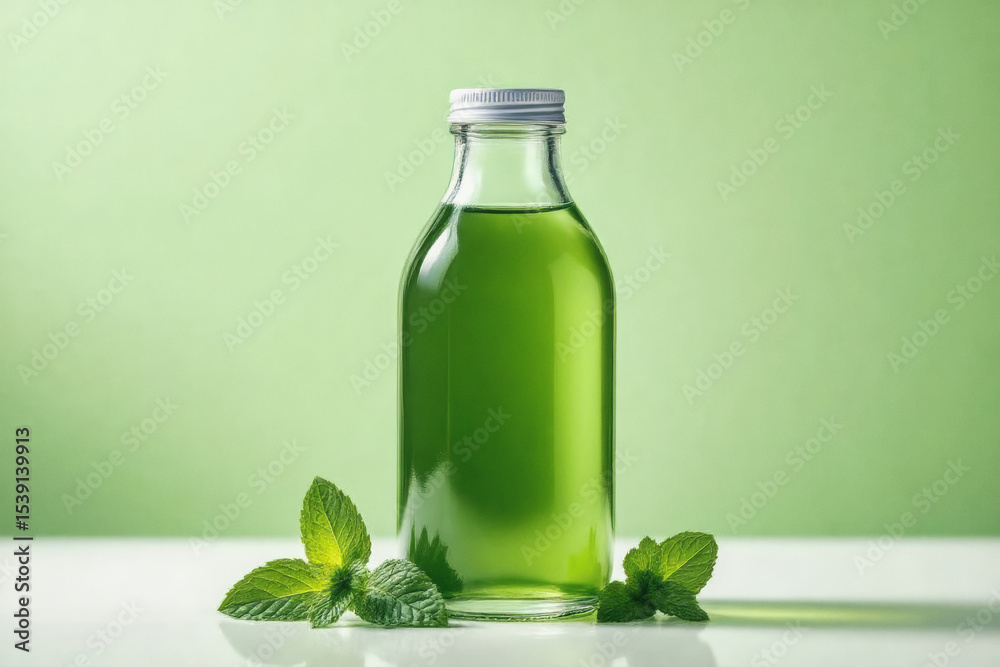 A clear glass bottle filled with vibrant green liquid sits on a white surface, garnished with fresh mint leaves. A clear glass bottle filled with vibrant green liquid sits on a white surface, garnished with fresh mint leaves.