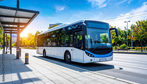 Mid-sized electric city bus stopping to pick up passengers
