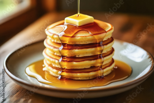 A stack of golden pancakes drizzled with syrup and topped with butter sits on a rustic plate, creating a tempting breakfast scene.
