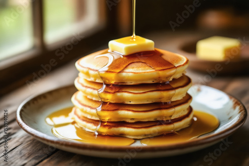 A stack of golden pancakes drizzled with syrup and topped with butter sits on a rustic plate, inviting a delicious breakfast experience.