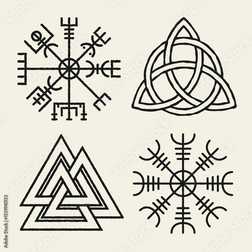 Black and white flat vector set of 4 ancient Norse symbols: Aegishjalmur, Vegvisir, Triquetra, and Valknut. Sacred Viking icons for mythology, spirituality, or tattoo design.