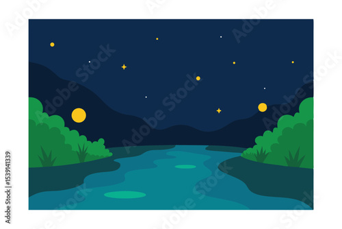 nighttime river with glowing fireflies