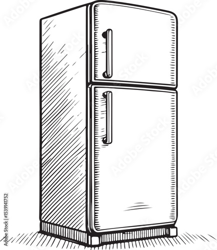 Fridge Refrigerator Vector Illustration, Sketch Drawing Line Linear Symbol Icon Engraving Coloring Book, Hand-drawn Black and White Isolated